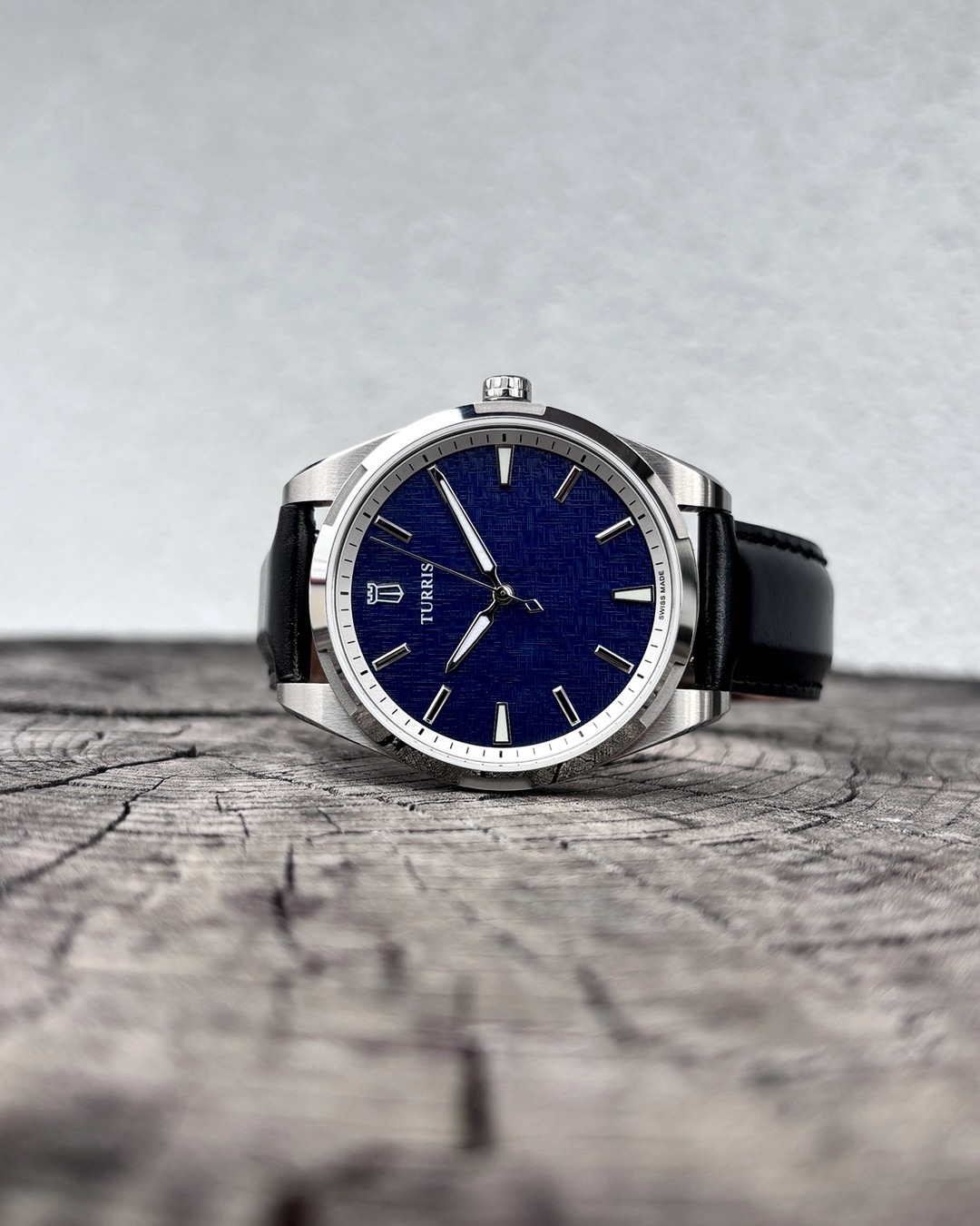 Blue linen dial Turris Accord prototype with a black strap